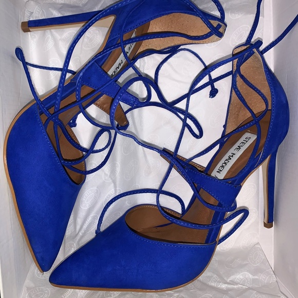 Raela Blue Leather Pointed Lace-Up Heels - Picture 2 of 5